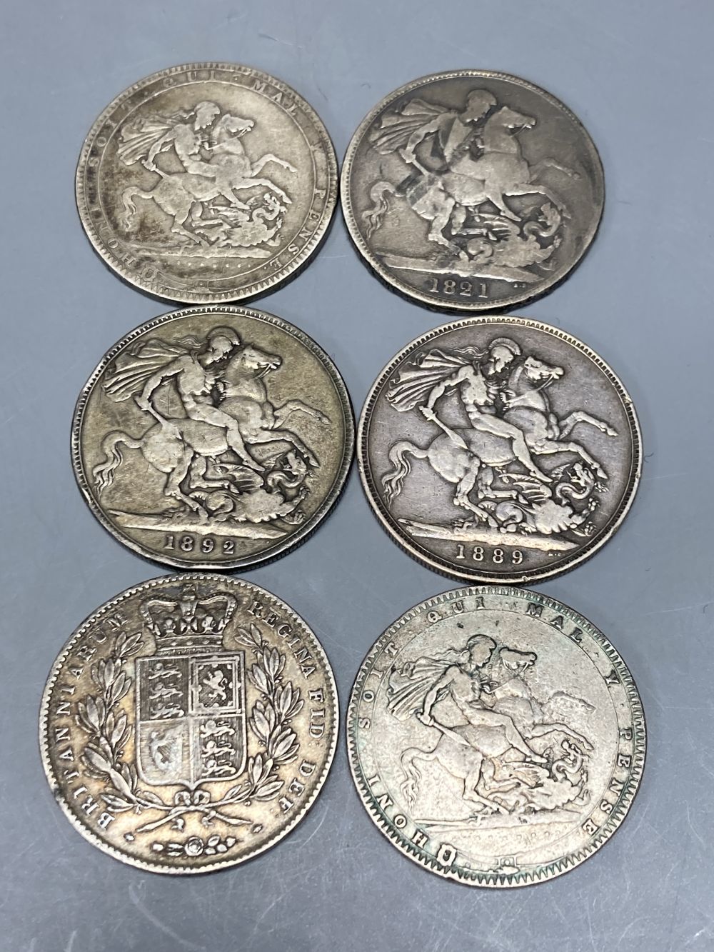 Great Britain, six silver crowns - 1820, VG, 1845, cinquefoil stops, F and 1821, 1845, 1889, 1892